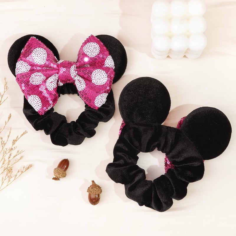 CellElection 4 Pack Mouse Ears Scrunchies Sequin Mouse Bows Velvet Hair Scrunchies Hair Ties Elastic Rubber Bands Ponytail Holders for Kids Women Girls - Image 4